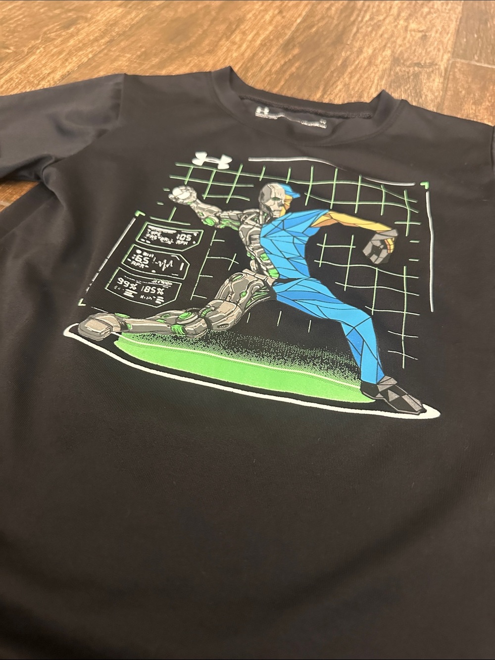 Under Armour Black Short Sleeve Tee with Blue & Green Robot Graphic baseball - Picture 4 of 5